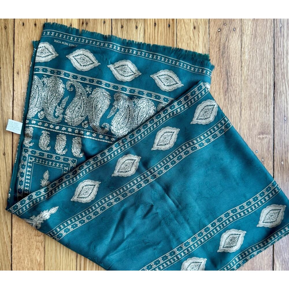 90’s Jones New York Silk Wool Scarf Deep Green Paisley Oblong Reversible